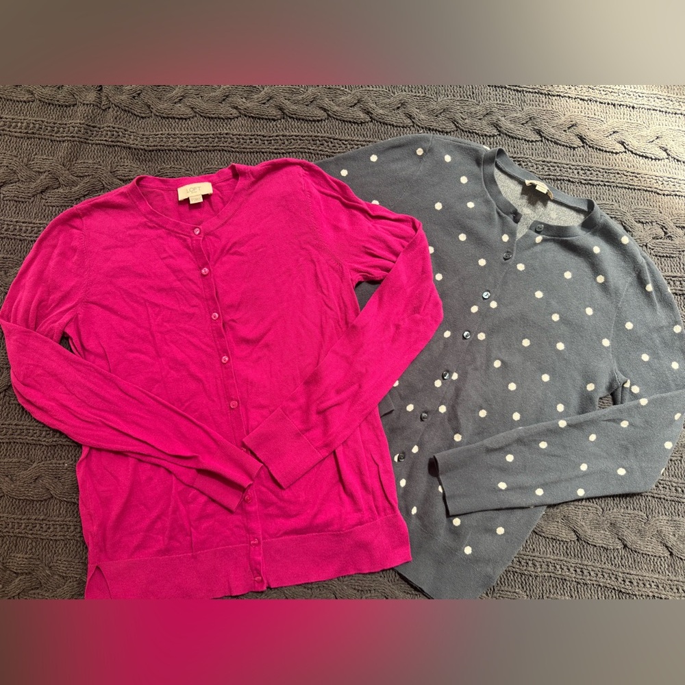 2 Pairs - LOFT Cardigans (Women, Small) - 1 Pink & 1 Blue/Gray w/ White polkadot